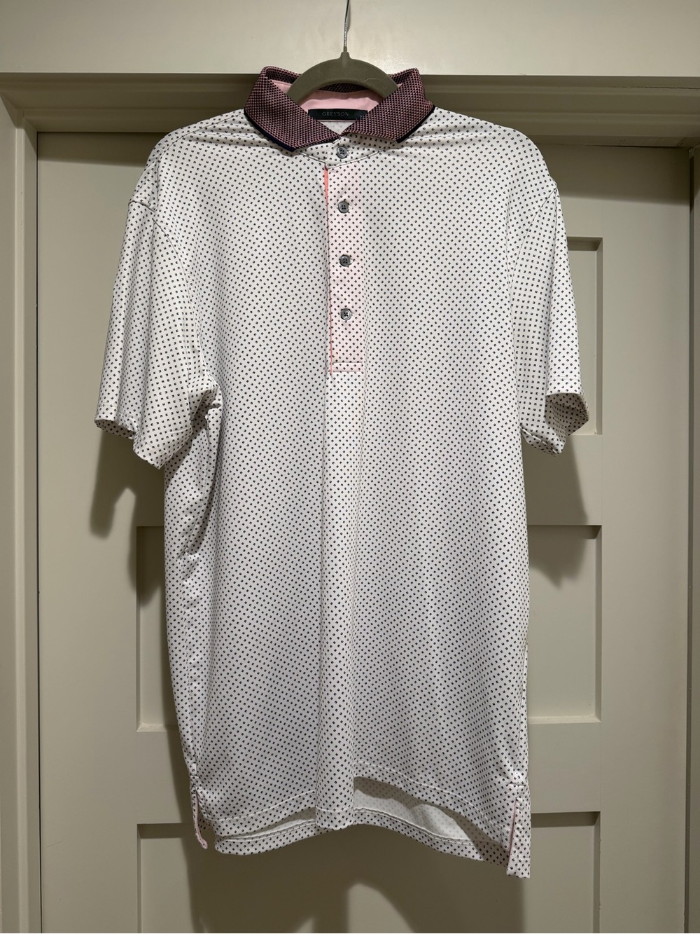 Greyson Golf Polo Men’s M White Navy Pink Micro Dot Performance